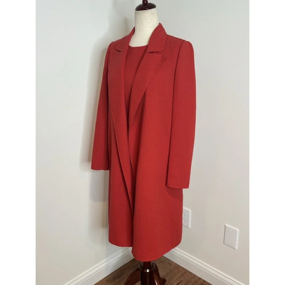 Lafayette 148 NY 2Pc Red Wool Longline Duster Coat Sz P & Sheath Dress Sz 0 Set